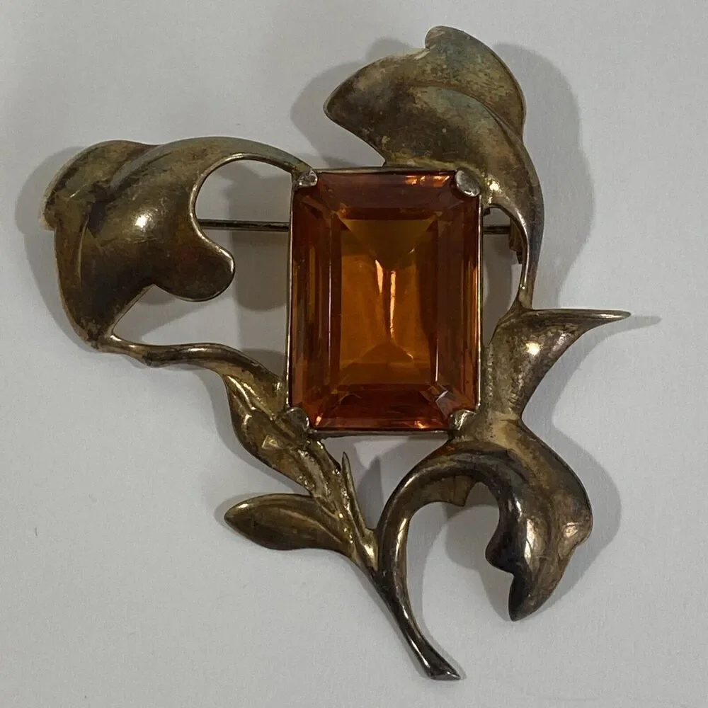 Antique Large Sterling Silver & Topaz Glass Brooch Art Nouveau Estate 2 3/8”